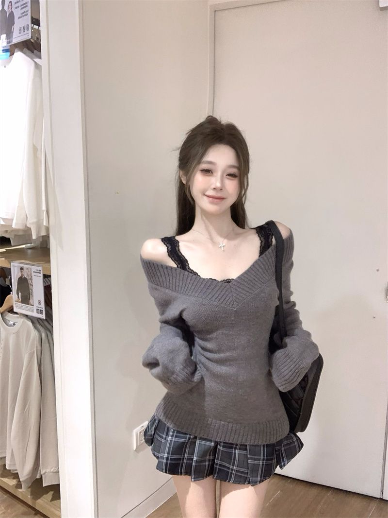 Real shot vintage autumn and winter sweater series V-neck retro slimming three-piece set 