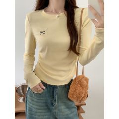 Photographed Korean-style bow embroidery long-sleeved pure cotton women's autumn pleated waist-slimming short-sleeved top