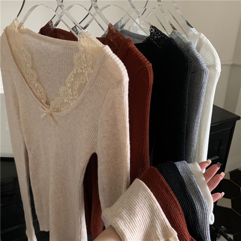 Real shot, real autumn and winter new style lace splicing long-sleeved sweater women's bottoming top