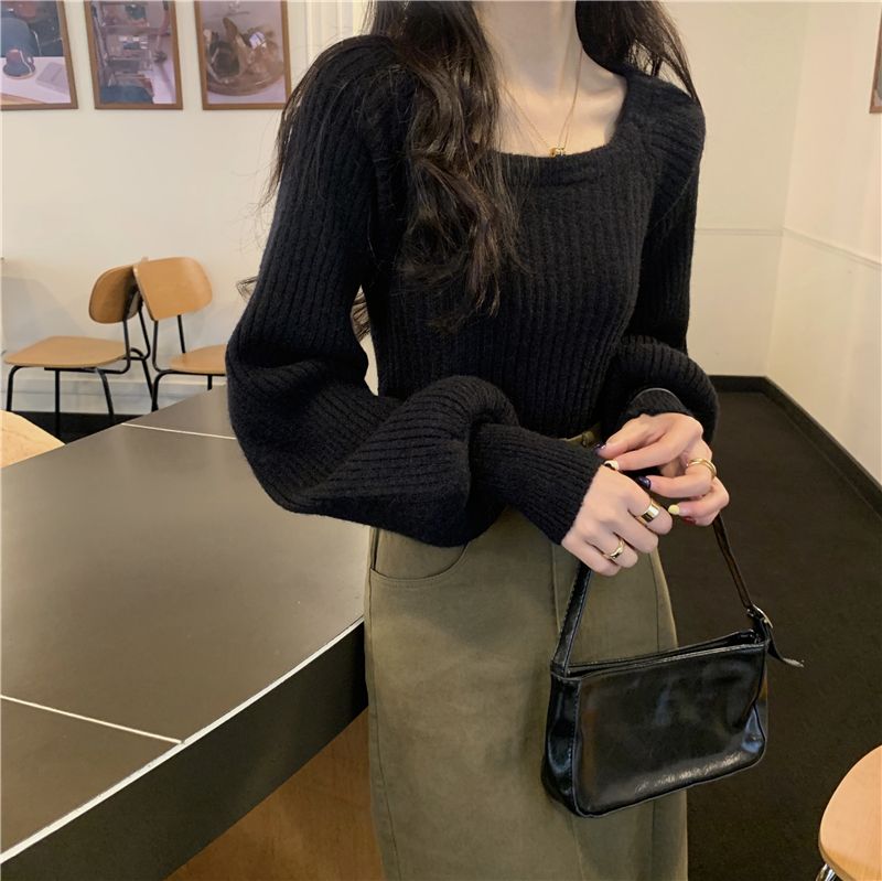 實拍 真 秋冬新款方領泡泡袖純色針織上衣女毛衣