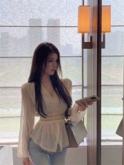 Actual shot French lace blouse with stunning bubble sleeves and a high-end vibe