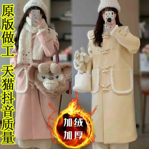 Lamb hair horn button coat for small people autumn and winter new high-end niche hooded mid-length woolen coat for women