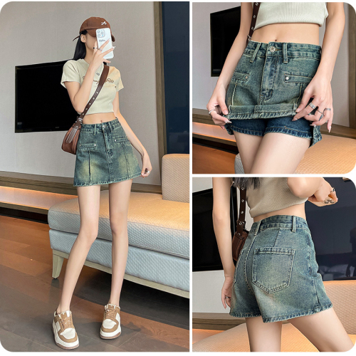 Denim short skirt for women summer thin 2024 new high-waisted A-line pants skirt for small people hip-covering half-length skirt for women