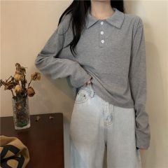 實拍 真 新款Polo領寬鬆長袖T恤外穿百搭上衣女