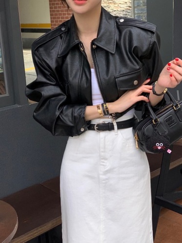 Fashionable casual zipper lapel short leather jacket