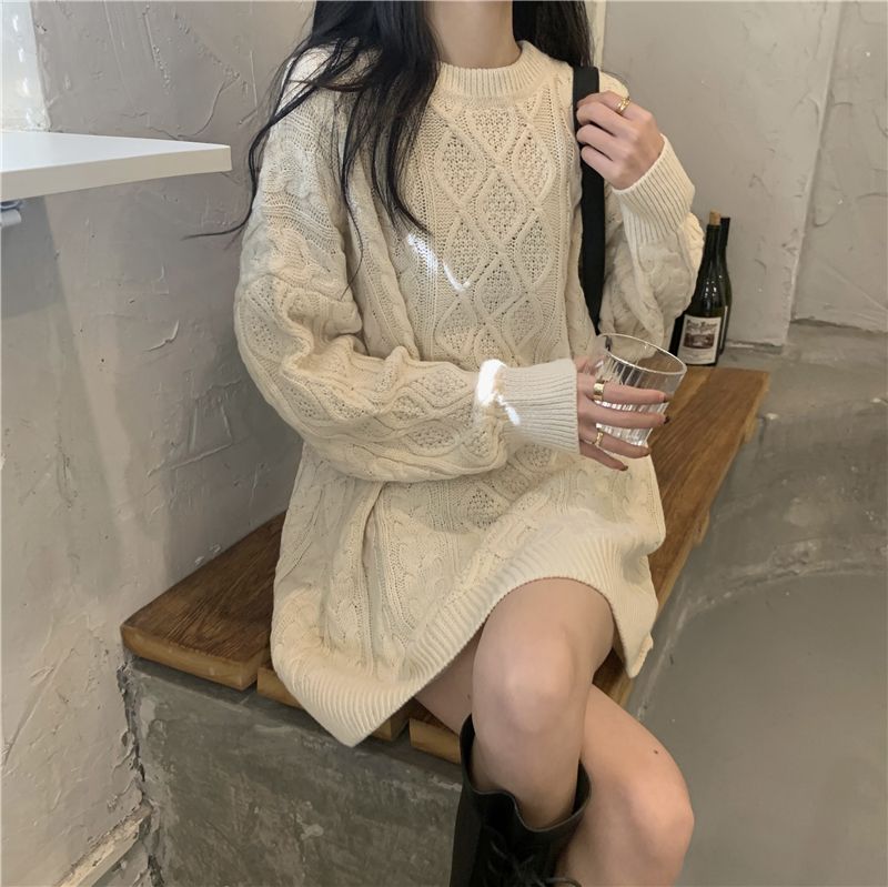 實拍 真 秋冬新款寬鬆慵懶風麻花毛衣套頭中長款上衣女