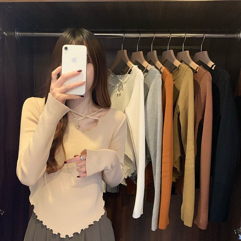 Real shot new design frill irregular slimming slimming high outerwear innerwear knit top 