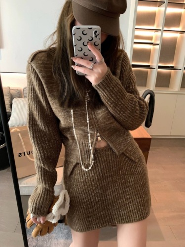 Korean style new double zipper slim sweater cardigan cuffed skirt suit for women in autumn and winter hot girl slimming two-piece set