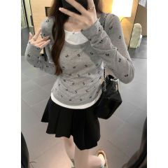 Actual shoot gray faux two-piece bow print long-sleeved women's early autumn waist-cinching slimming short-sleeve top