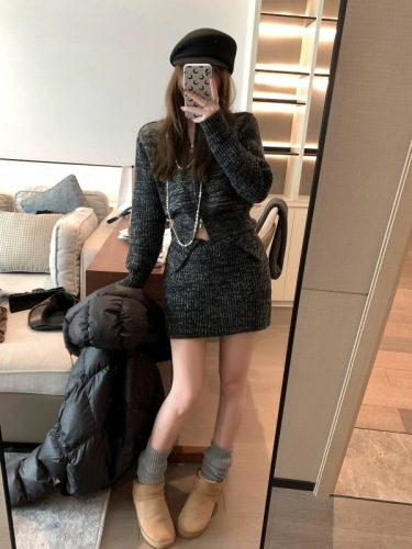 Korean style new double zipper slim sweater cardigan cuffed skirt suit for women in autumn and winter hot girl slimming two-piece set