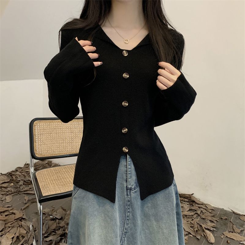 Photographed Real Autumn Design Long-Sleeve V-Neck Hooded Knit Top with Button Irregular Hem