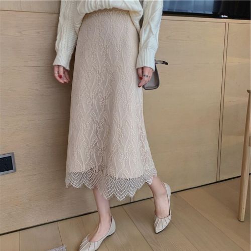 Korean Fall/Winter Lace Knit Skirt for Women, Pairs with Sweater, High-Waist A-Line, Two-Way Wear, Medium-Length Woolen Skirt, Thick