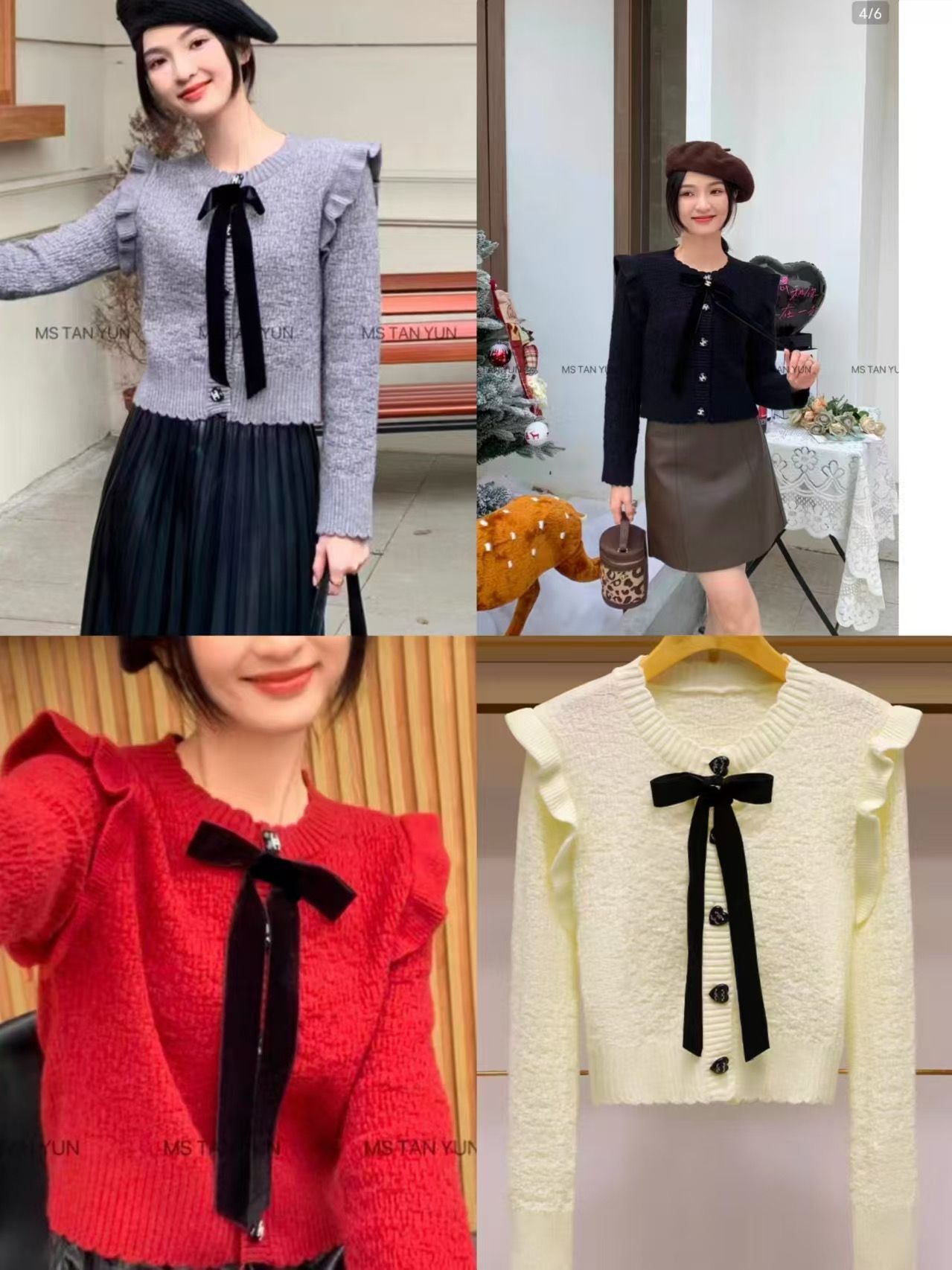 Korean autumn and winter new style tie bow knitted sweater V-neck sweater cardigan for women