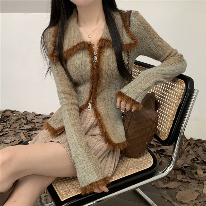 Real shot, real gradient retro color block cardigan sweater jacket for women, lazy and slim, knitted top inside