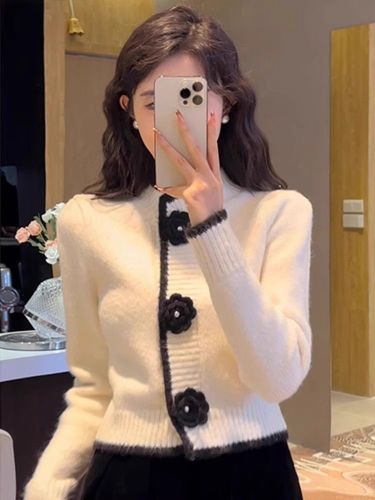 Korean style autumn French camellia sweater cardigan for women thickened design contrasting small fragrance style knitted jacket trendy