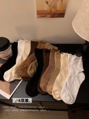 Real shot of solid color fungus socks for women mid-calf socks autumn and winter pile socks long socks women's socks pure cotton 6 pairs