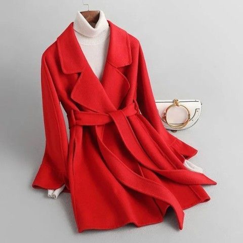 Double-sided cashmere coat short 2024 new high-end elegant tie waist slim small size red woolen coat for women 