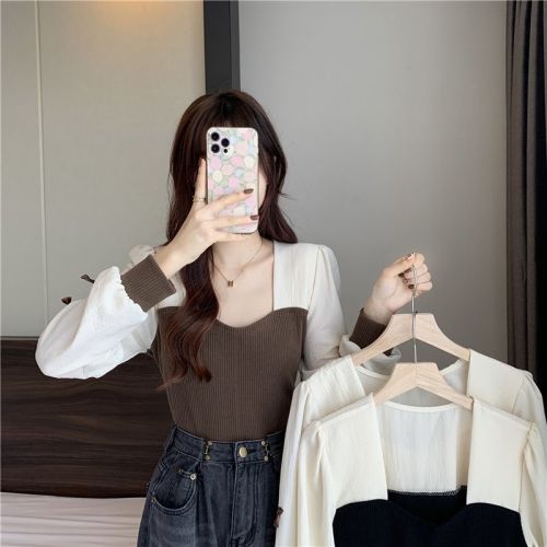 Actual shot ~ New Korean style square collar slimming pullover spliced ​​knitted top