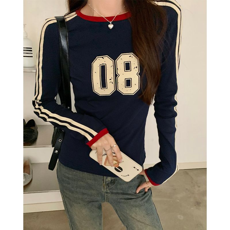 Real shot fashion American letter print long-sleeved cotton T-shirt women's autumn color matching woven tape splicing top 