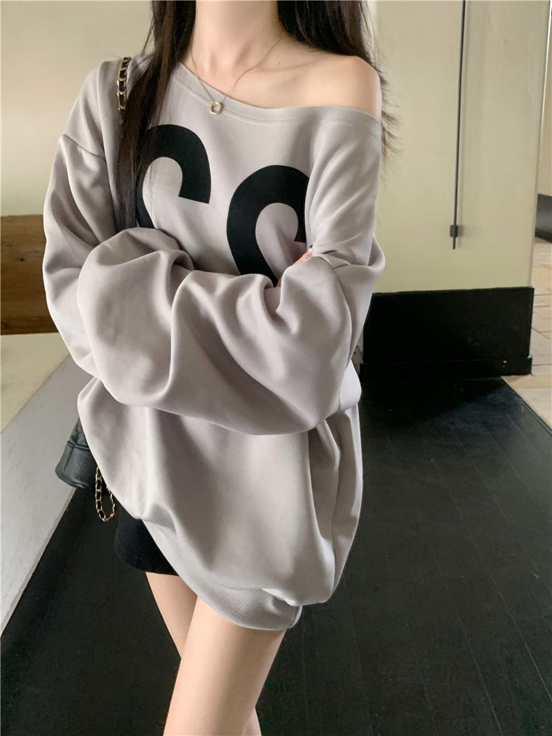 實拍 真 秋季新款斜肩印花衛衣寬鬆慵懶舒適上衣女