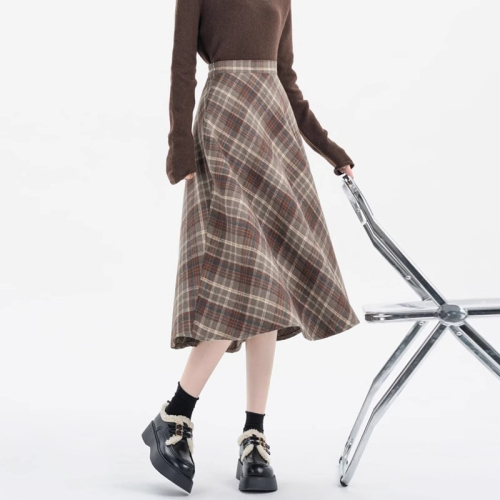 Elastic waist woolen plaid skirt for women 2024 new autumn and winter A-line high-waist slim retro petite skirt