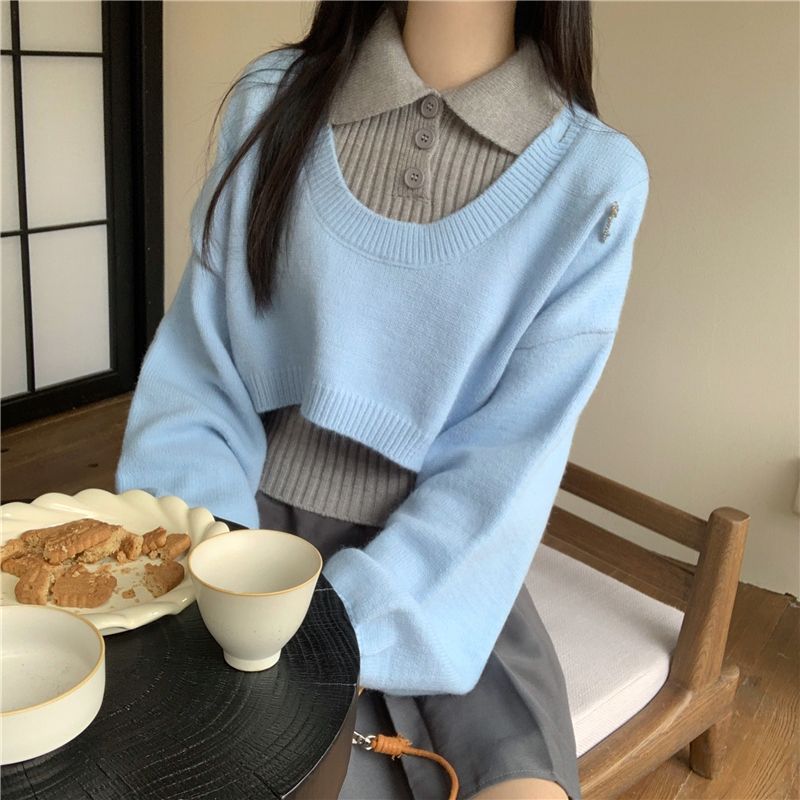 實拍 真 秋季polo領毛衣女設計感高腰兩件套針織衫上衣