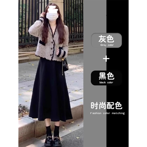 Autumn and winter salt-based outfits Hong Kong style retro chic high-end temperament socialite knitted cardigan skirt two-piece suit