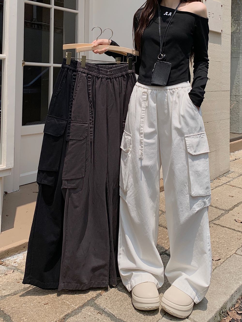 Real shot of designer ribbon overalls straight high waist niche design pocket wide leg casual pants for women