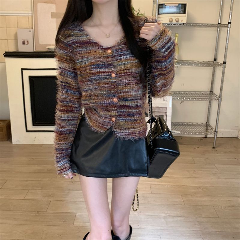 實拍 真  秋季復古條紋長袖毛衣軟糯寬鬆短款針織開衫女