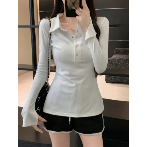 Real shot of rayon 1*1 2024 autumn long-sleeved T-shirt women's button-down polo collar design top