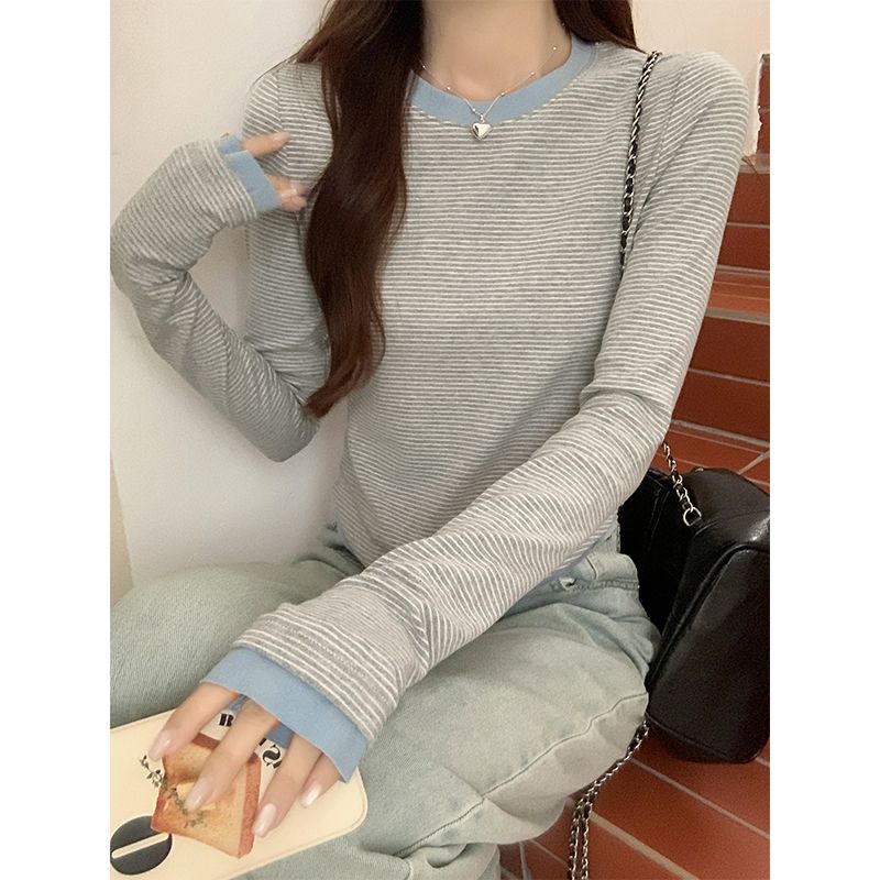 實拍早秋撞色條紋假兩件純棉長袖T恤女內搭修身顯瘦短款上衣