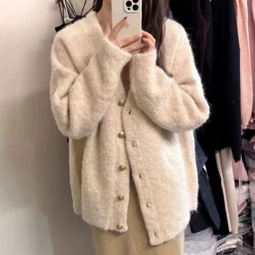 Japanese soft girl sweet breasts fufu sweater women's Korean style soft waxy circle yarn mid-length knitted cardigan top jacket