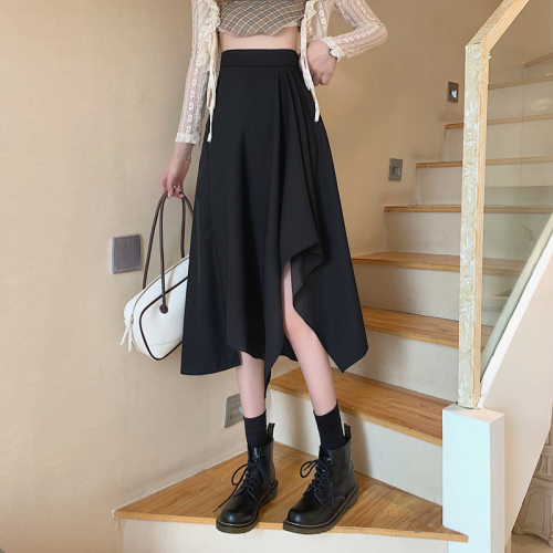 Irregular black slit skirt for women in autumn, mid-length, hip-covering, slimming umbrella skirt, high-waisted A-line skirt with large hem