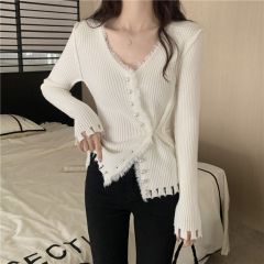 實拍 真 秋冬新款V領毛衣設計感毛邊收腰針織開衫女