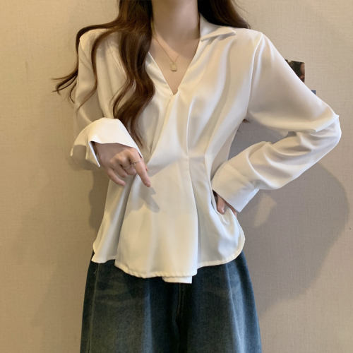 Actual shot of plus size women's clothing 2024 autumn new style French niche belly-covering Western-style slimming waist-style shirt for women