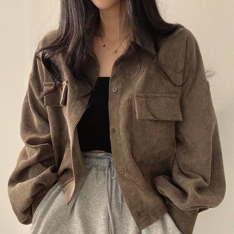 Chic 2024 Spring French Retro Versatile Single Button Collar Flannel Shirt Long Sleeve Women's Fashion Outerwear