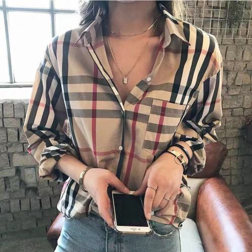 Classic grid women's autumn new item Korean retro loose slimming striped temperament long-sleeved top