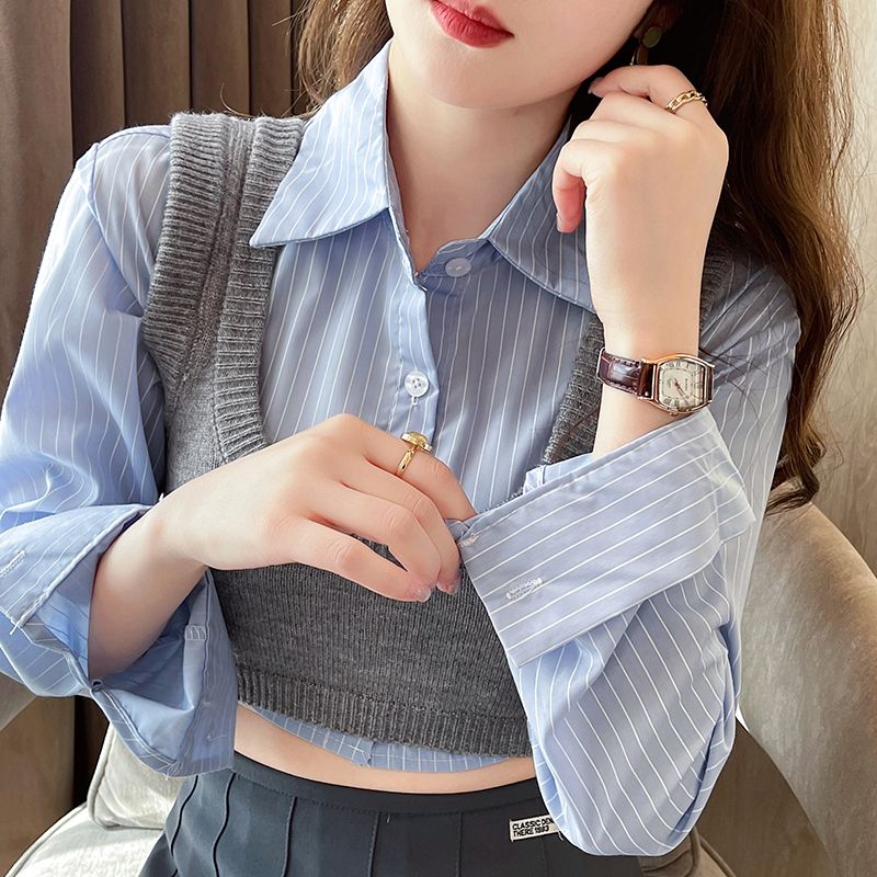 Actual shot #Blue Striped Knit Vest Top Two-Piece Set for Women Spring and Autumn Season Short-Sleeve Upper garment