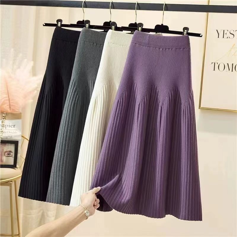 Ladies' 2024 Autumn/Winter New Arrival High-Waisted Flowy Medium-Length Solid Color Knit A-line Skirt
