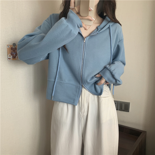 Actual shot of new spring Korean style zipper design hooded long-sleeved sweatshirt jacket for women