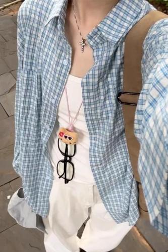 Non-shoot Grid Blue Sunscreen Long-Sleeve Shirt Women's New Early Autumn Blouse French Style Top Coat