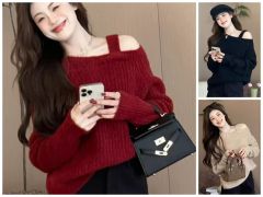 Korean Dongdaemun lazy style red off-shoulder bottoming sweater for women autumn and winter fashionable sweater top