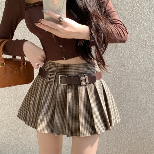 Real shot!  !  Hundred skirt retro plaid skirt hot girl a line high waist skirt