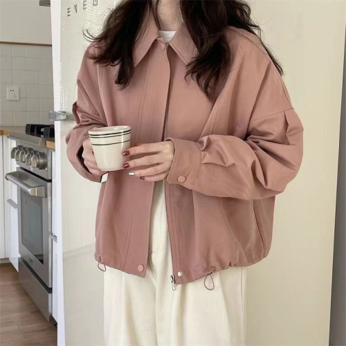 2024 New Autumn Dongdaemun New Korean Style Simple Drawstring Retro Lapel Loose Thin Jacket Solid Color Jacket for Women