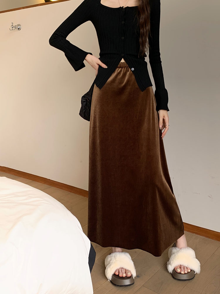 Actual shot~Autumn velvet hip-hugging skirt, high-waisted casual long skirt, velvet drapey A-line skirt for women
