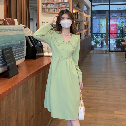 Real shot of autumn French doll collar temperament dress for women, high-end waist slimming puff sleeve long skirt