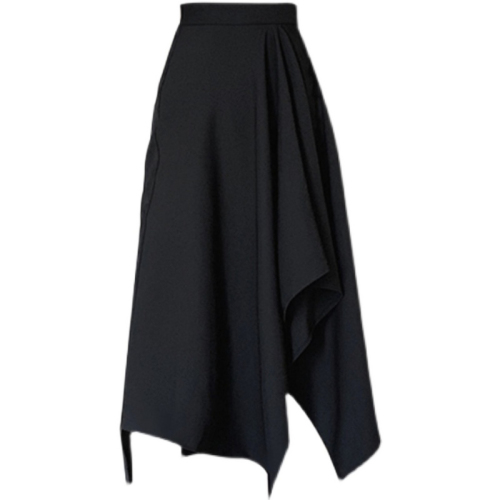 Irregular black slit skirt for women in autumn, mid-length, hip-covering, slimming umbrella skirt, high-waisted A-line skirt with large hem