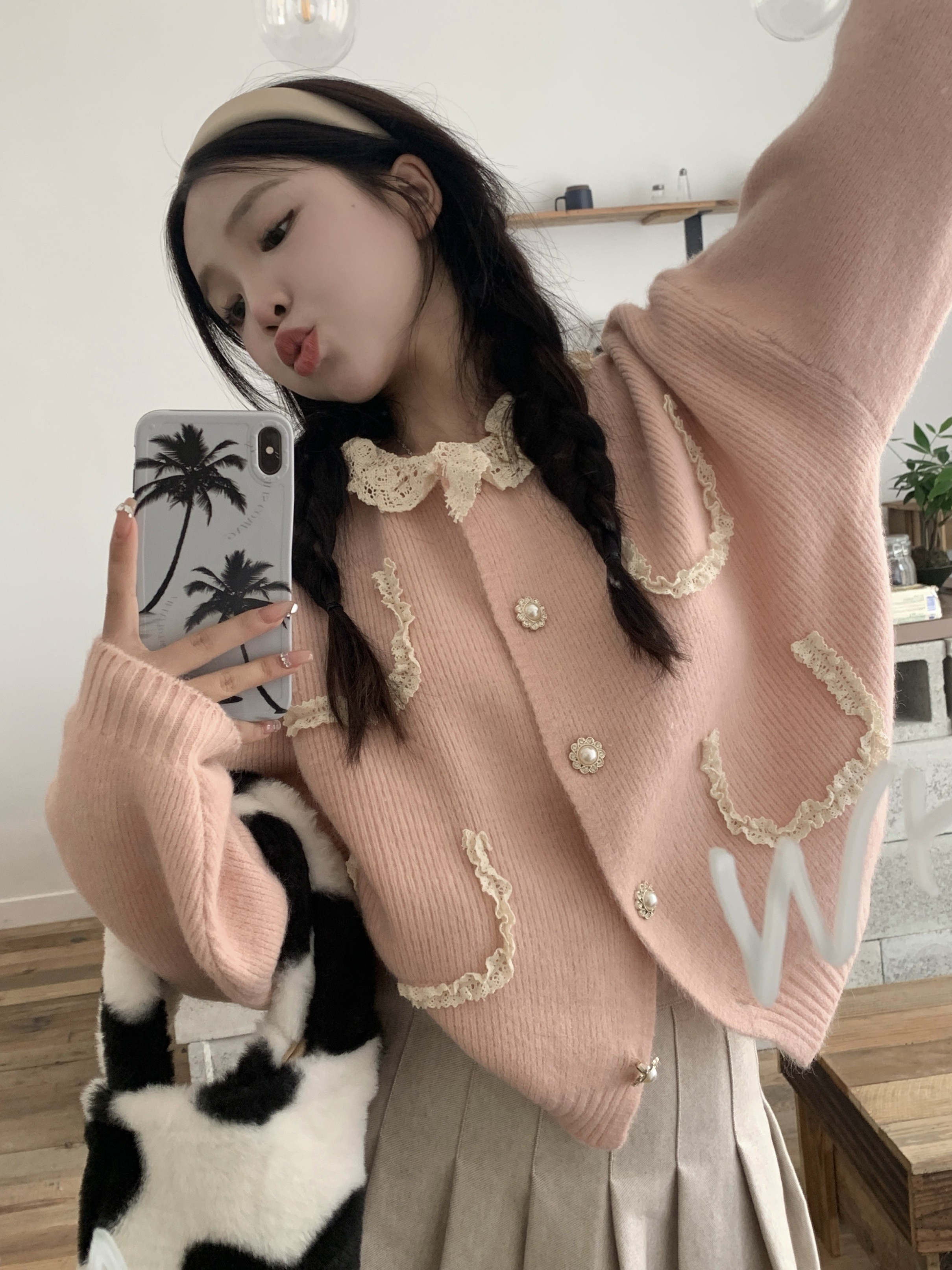 櫻花麻豆韓風甜美純純女 秋冬甜美蕾絲花邊領單排扣毛衣外