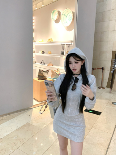 Real shot American casual sports waist cardigan hooded sweatshirt for women autumn hot girl two-piece package