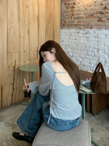 Actual shot of autumn new design casual backless U-neck long-sleeved striped T-shirt top for women